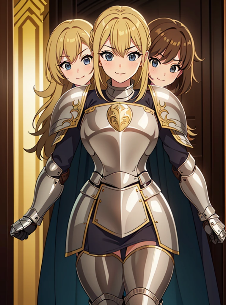 (masterpiece),(ultra-detailed), (high quality), (high resolution), (best quality:1.5, highres, UHD), highres, absurdo, ultra detail, ultra quality, (3heads:1.5), 1girl, ((golden blonde hair)), thighs, (gray armor), female warrior, (fully armored), medium hair, (medieval outfit), (black eyes), armored chest piece, gorgeous female knight, Guild Clothes with Armor, Fantasyart:1.5, (1 Female Knight:1.5), Detailed and detailed depiction armor, (seductive smirk), detailed eyes