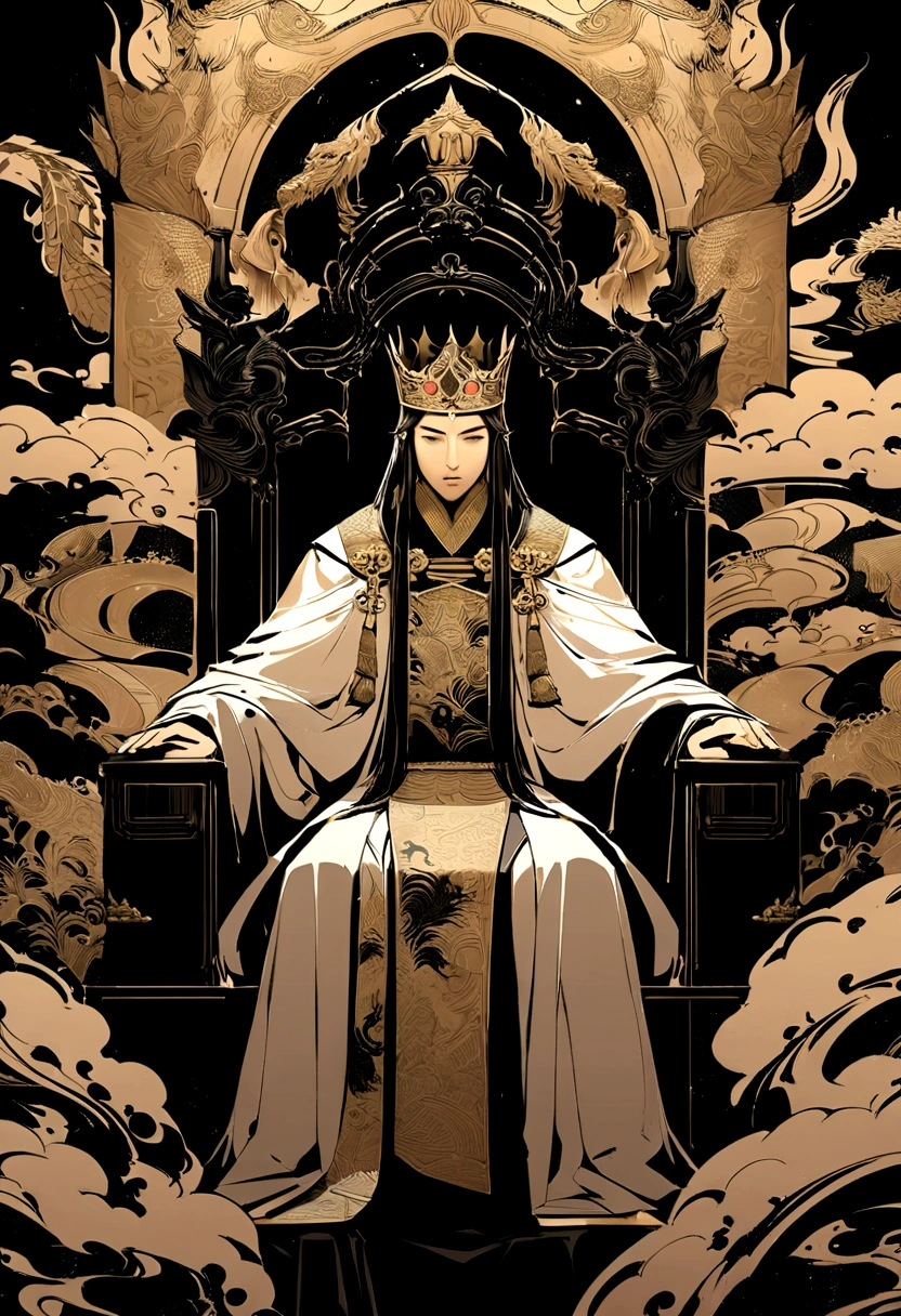 dry oil brushabstract, ink art, flying effect, illustration, A cunning and strategic portrait of Cao Cao, a warlord from the Three Kingdoms era. He wears a royal robe with dragon patterns, a crown, and has a sharp, intelligent look. He is seated on a throne, holding a fan, surrounded by maps and scrolls.