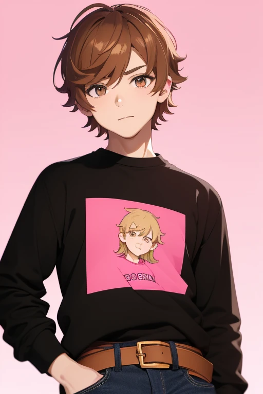 Gumball Handsome 18 year old boy with blonde brown hair, with a pink streak, light skin, pierced ears, honey brown eyes, open pink sweatshirt, black shirt with a candy castle print, black belt, red jeans, looking directly at the viewer on a white background.