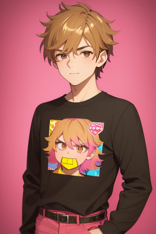 Gumball Handsome 18 year old boy with blonde brown hair, with a pink streak, light skin, pierced ears, honey brown eyes, open pink sweatshirt, black shirt with a candy castle print, black belt, red jeans, looking directly at the viewer on a white background.