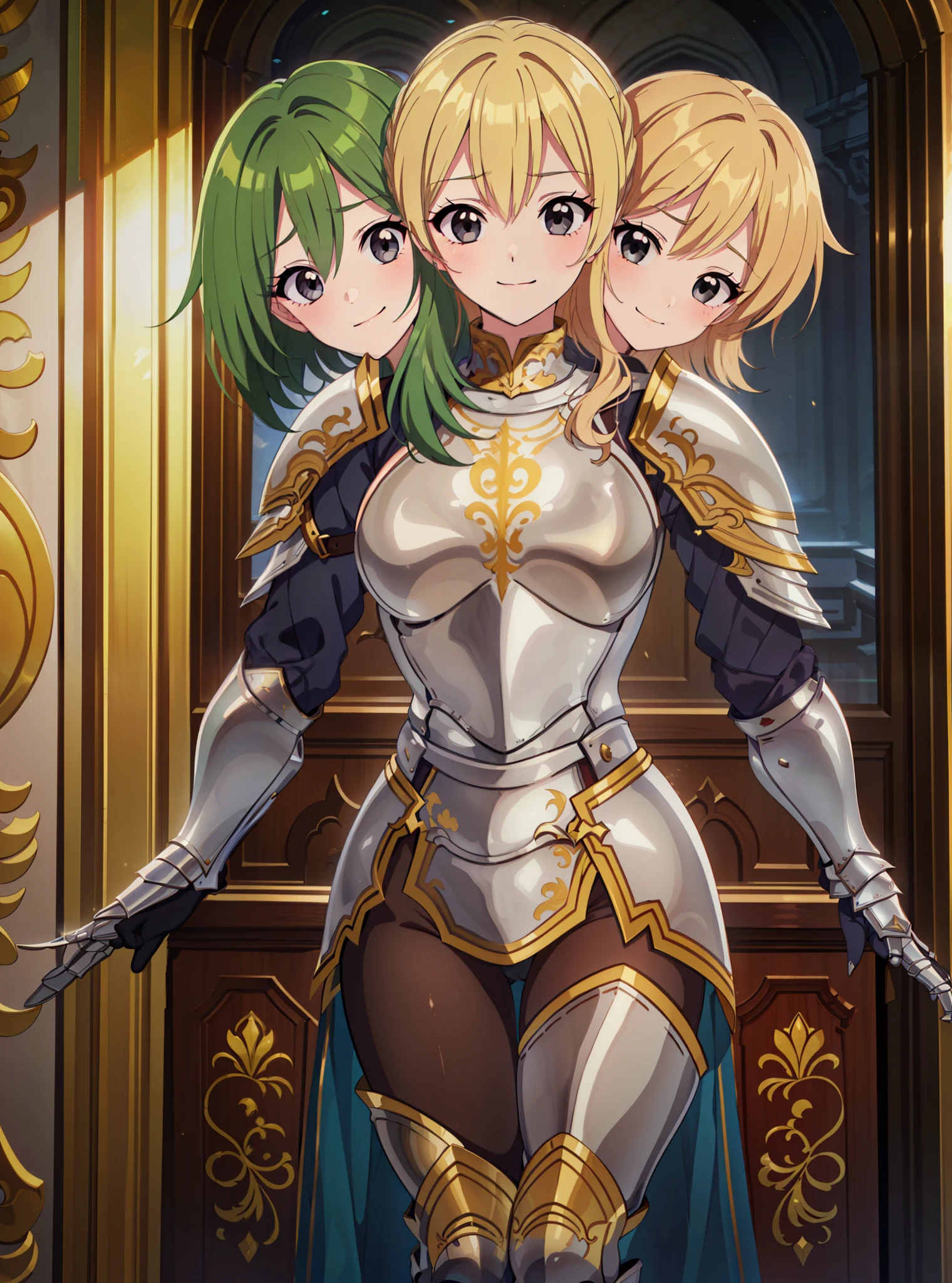 (masterpiece),(ultra-detailed), (high quality), (high resolution), (best quality:1.5, highres, UHD), highres, absurdo, ultra detail, ultra quality, (3heads:1.5), 1girl, ((golden blonde hair)), thighs, (gray armor), female warrior, (fully armored), medium hair, (medieval outfit), (black eyes), armored chest piece, gorgeous female knight, Guild Clothes with Armor, Fantasyart:1.5, (1 Female Knight:1.5), Detailed and detailed depiction armor, (seductive smirk), detailed eyes