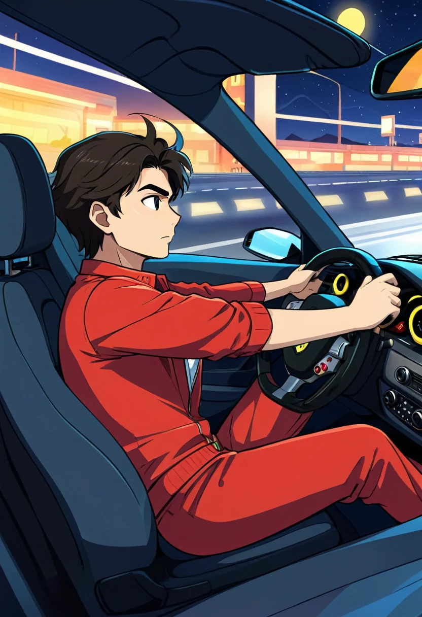 generate a cartoon illustration with a side view of a ferrari car in the middle of a night highway, the driver drives with one hand on the steering wheel and the other resting on the car window.