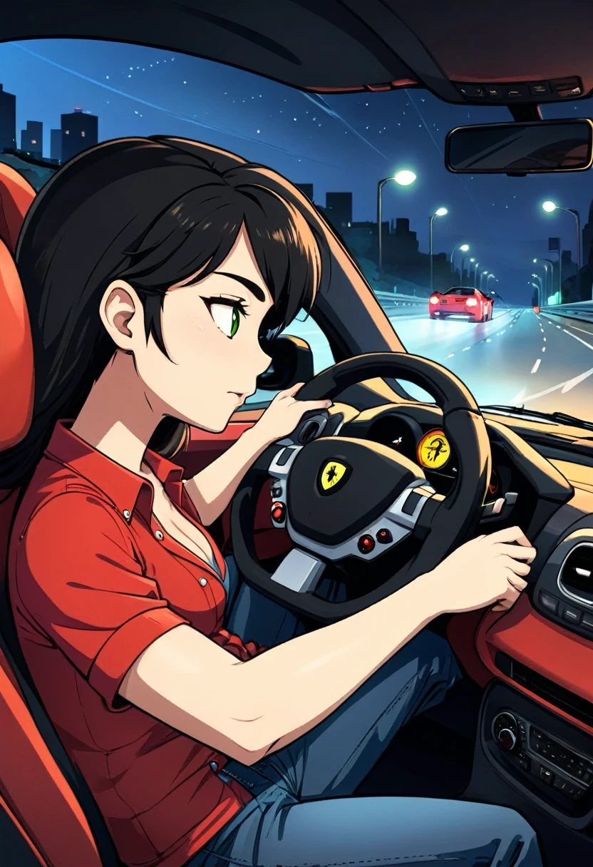 generate a cartoon illustration with a side view of a ferrari car in the middle of a night highway, the driver drives with one hand on the steering wheel and the other resting on the car window.