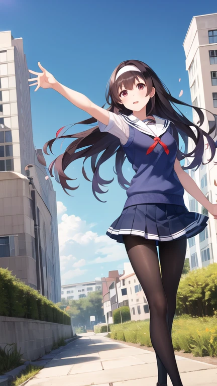 masterpiece, best quality, highres, aautaha, long hair, black hair, hairband, , sailor collar, sweater vest, blue sweater, white shirt, short sleeves, pleated skirt, blue skirt, (black pantyhose:1.2), outdoors, petal, building, blue sky, outstretched arms,