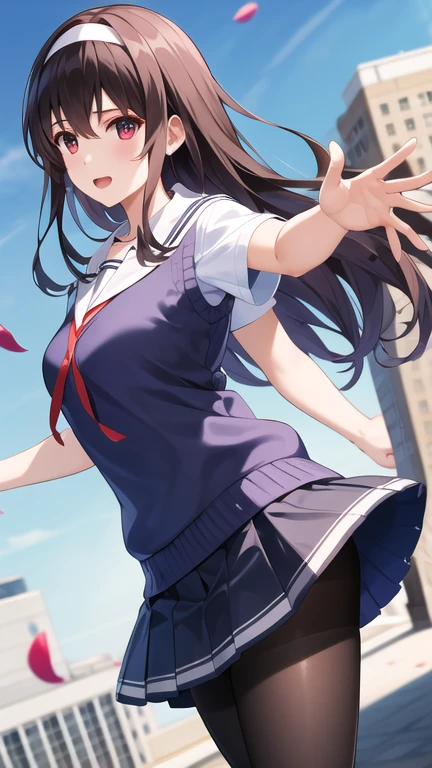 masterpiece, best quality, highres, aautaha, long hair, black hair, hairband, , sailor collar, sweater vest, blue sweater, white shirt, short sleeves, pleated skirt, blue skirt, (black pantyhose:1.2), outdoors, petal, building, blue sky, outstretched arms,