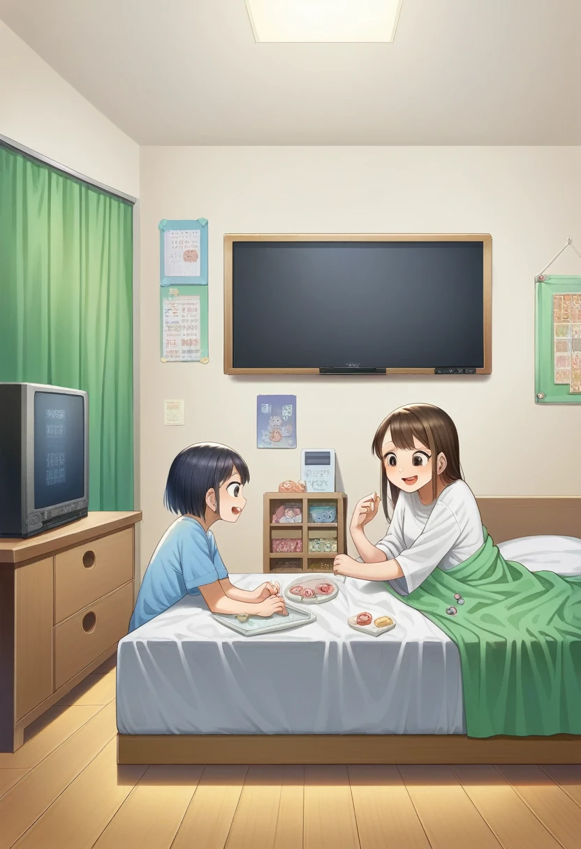 An absurd solution, High resolution, (masterpiece: 1.4), Very detailed, (((Detailed face, Detailed Expression)), Two Girls, Girl and Girl, friend, best friend, Classmate, relax, ponytail, Bob, sitting on bed, Sitting on the floor, The two are talking, The background is in the room, friend, Relatives and friends, Home, 1k, Small room, curtain, bed, tv set, machine, sweets, Talk about travel with friend, Meeting, fun, smile, Loungewear, Kyoto Animation, Kyoto Animation atmosphere, Sparkling, shine,