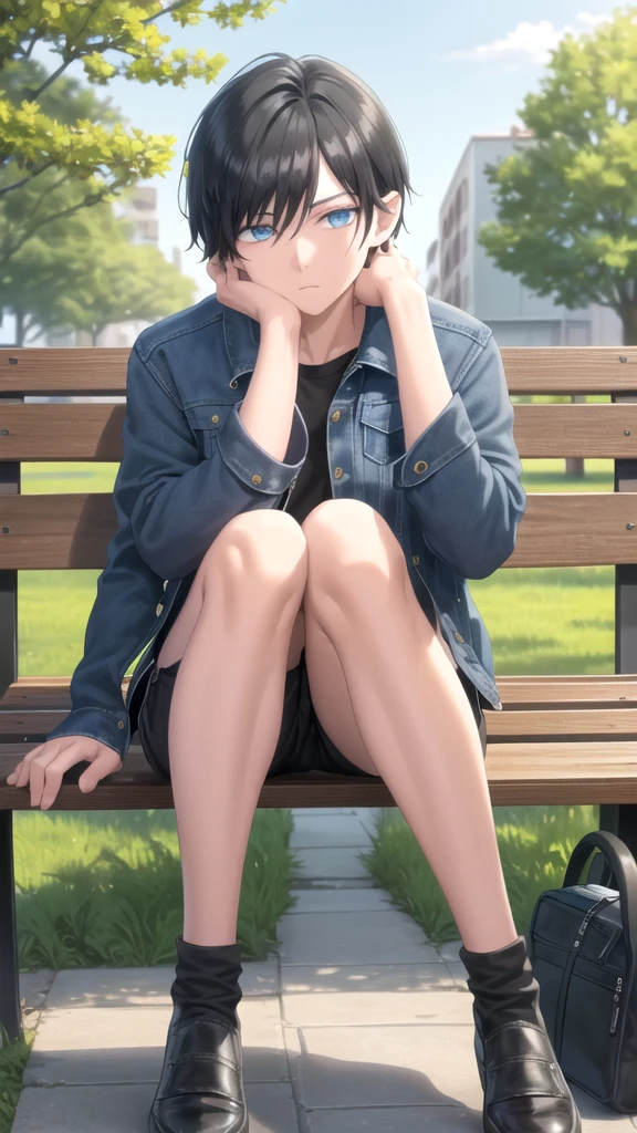 masterpiece, best quality, high quality, 1boy, solo, 14-year-old boy,evil boy,male focus, looking at viewer , black hair, old-school swoop haircut,blue jean jacket ,black shorts,blue eyes, sitting on a bench 