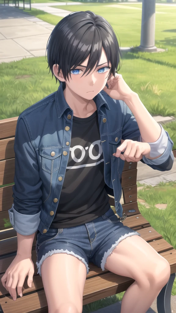 masterpiece, best quality, high quality, 1boy, solo, 14-year-old boy,evil boy,male focus, looking at viewer , black hair, old-school swoop haircut,blue jean jacket ,black shorts,blue eyes, sitting on a bench 