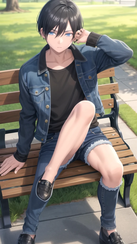 masterpiece, best quality, high quality, 1boy, solo, 14-year-old boy,evil boy,male focus, looking at viewer , black hair, old-school swoop haircut,blue jean jacket ,black shorts,blue eyes, sitting on a bench 