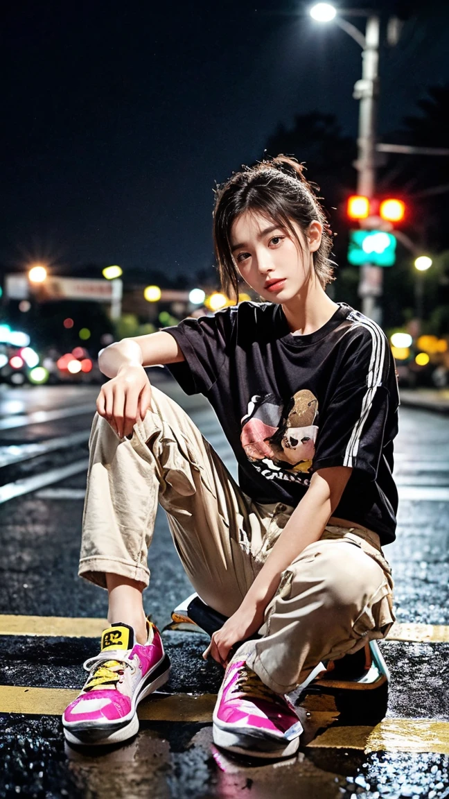  21yo a beautiful Korean-looking woman with short neat tomboyish hair, wearing a black t-shirt, white striped bomber jacket, yellow and pink cargo pants, blue shoes, sitting on a skateboard, fingers cursing on the ollo, background in the middle of the road, lights city from a distance, wet roads, blurry