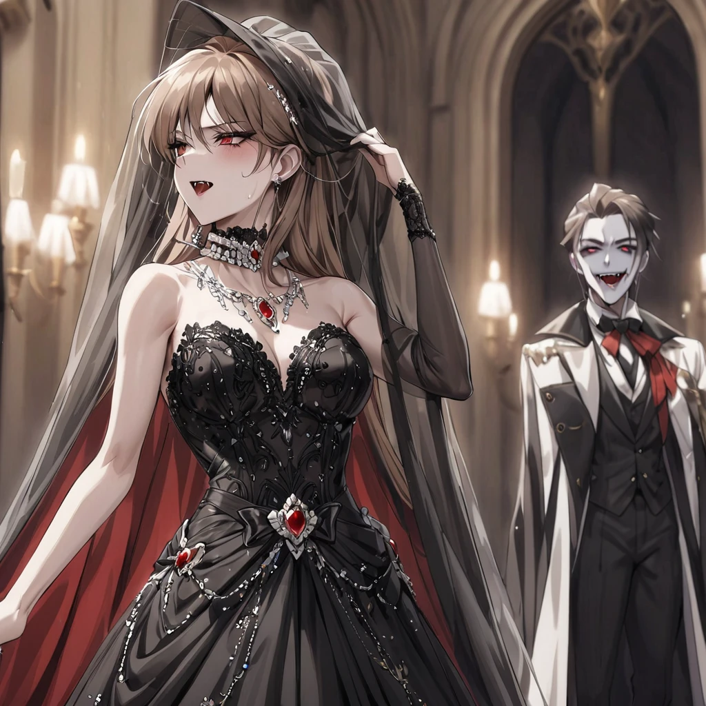 ((Highest quality)), ((masterpiece)), (detailed), (Perfect Face)、The woman was Princess Leona, with medium-long light brown hair, and was wearing a luxurious bridal outfit consisting of a lavishly jeweled black wedding dress, a gorgeous black wedding veil, and gorgeous jeweled accessories.、A woman is getting married to the majestic vampire Count Dracula, who embraces her, bites her neck, and sucks her blood.
