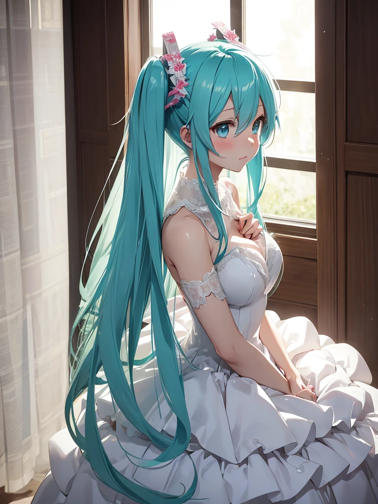 hatsune miku, very cute, very embarrassed, wedding dress