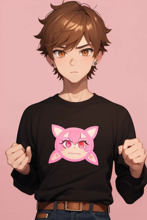 Gumball Handsome 18 year old boy with blonde brown hair, with a pink streak, light skin, pierced ears, honey brown eyes, open pink sweatshirt, black shirt with a candy castle print, black belt, red jeans, looking directly at the viewer on a white background.