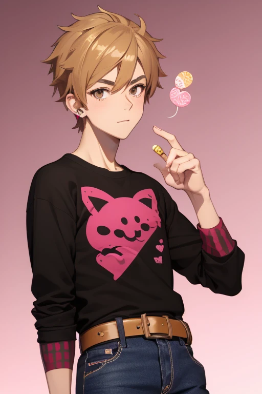 Gumball Handsome 18 year old boy with blonde brown hair, with a pink streak, light skin, pierced ears, honey brown eyes, open pink sweatshirt, black shirt with a candy castle print, black belt, red jeans, looking directly at the viewer on a white background.