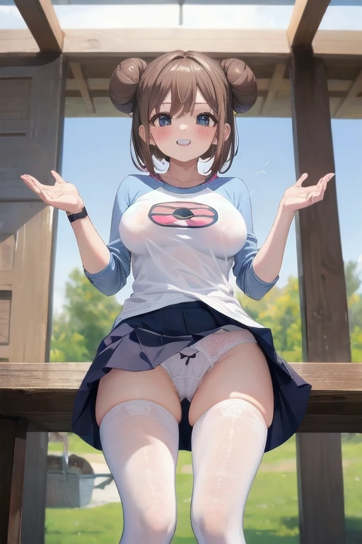 masterpiece, best quality, High resolution, b1, Hair Bun,Brown hair,  black eyes, White pantyhose, Raglan sleeves,  shirt, 乳首がshirtから透けて見える、pink ribbon, watch, Standing, Cowboy shooting, site, Monster Ball \(basic\), Grin、(Rosa_Pokémon)、(((From the lower thigh)))、sit on face、我手里拿着大腿Monster Ball、(((The opening of your legs)))、underwear，乳首がshirtから透けて見える、乳首がshirtから透けて見える、Fleshy，Broken hair in the ears，short hair，View from below，Pussy crack，Thick thighs，Cunt hair，Place your hands on your inner thighs，Wet underwear，Bun cunt，白色的Cunt hair，Duck sitting