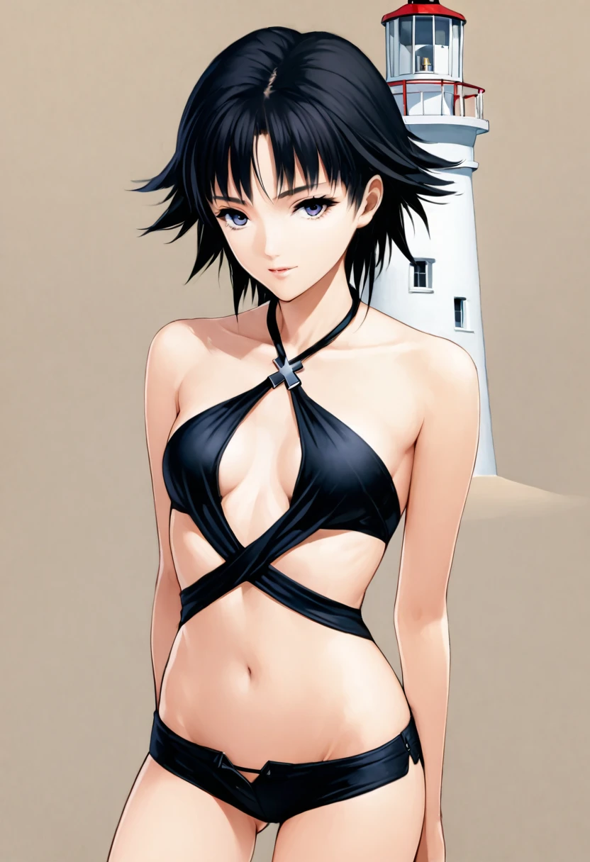  1girl, Japanese model,16 years old,Short bomb hair,Create an image of a seductive bikini swimsuit featuring a cross-style top, with fabric crossing at the chest and creating a revealing opening. The back has a halter neck design that ties behind the neck. The bottom part consists of a short flared skirt with hidden shorts, adding a sultry element. The swimsuit is in a seductive black color, with a plain and solid design without any patterns. The overall look should accentuate the swimsuit's sexy and bold features, creating a very appealing and provocative appearance.Early morning on a sandy beach, with a lighthouse in the distance.
