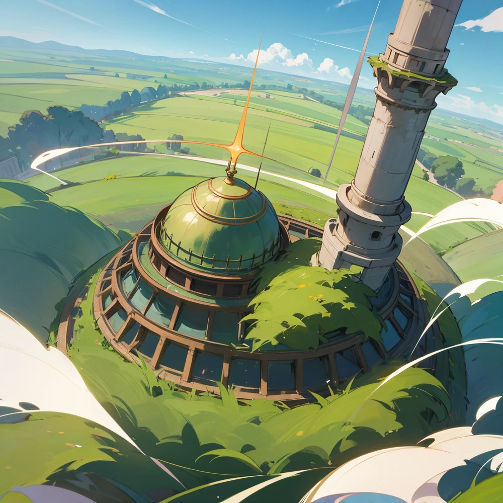 Make a wizard wake up in a green field near an ancient domed tower.