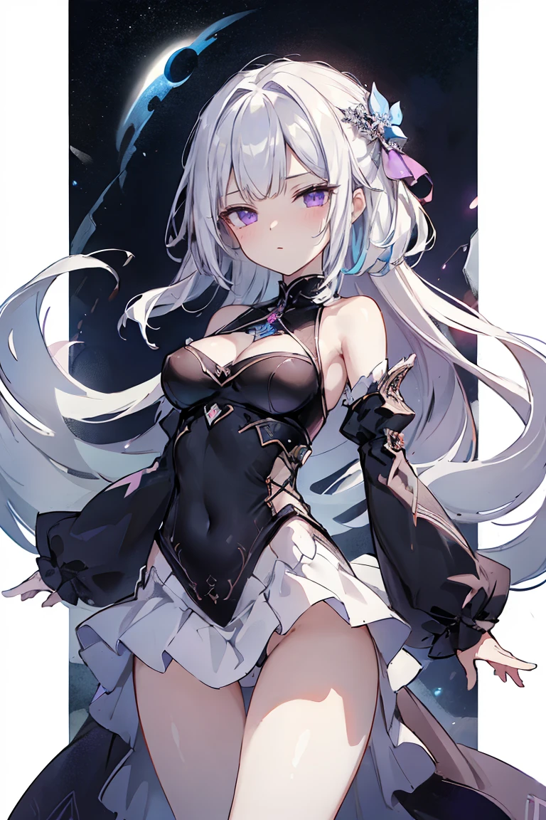 1girl, アニメ, cute girl, blank background, white background, fantasy, detailed fantasy dress with highlights, beautiful face, beautiful eyes, dark colors, black hair with multicolor streaks, red eye with different color pupil in eye, multicolor eye, medium breasts, slight cleavage, beautiful skin, cute, breast curtains, extremely delicate and beautiful, (beautiful detailed face:1.0), (detailed deep eyes), symmetrical breasts, deep eyes, shiny skin, portrait, slender waist, hips wider than shoulders, thighs, expressionless, young girl, luminous eyes, adorable，（Kpop idol）,（aegyo sal：1），（Platinum blonde hair：1），（（puffy eye）），Black panty，sexy posture，Superskirt, Ultra-high resolution，Black collar，slim figure, Abdominal y tattoo, womb tattoo，Tight-fitting leg ring，y tattoo on half-body，Bare skin, Armored hand，Hidden fingertips，Hand covered，Arm covered，Fist covered,{{beautiful detailed fingers}}, tufts of hair, moderate beautiful breast:1.0,(masterpiece:1.2), best quality, high-res, HDR, perfect face, intricate armor, delicate blue filigree, intricate filigree, red metalic parts, detailed part, dynamic pose, dynamic lights, cute face, neutral expression, shuimobysim, lotus, Hanfu, maxi skirt, dress conservatively 1girl, 独奏, long blue hair, standing, One lady,ars,((White hair) ,(Shiny purple bodysuit with microskirt),((Fantasy, Moon Night)), gradient_eyes,