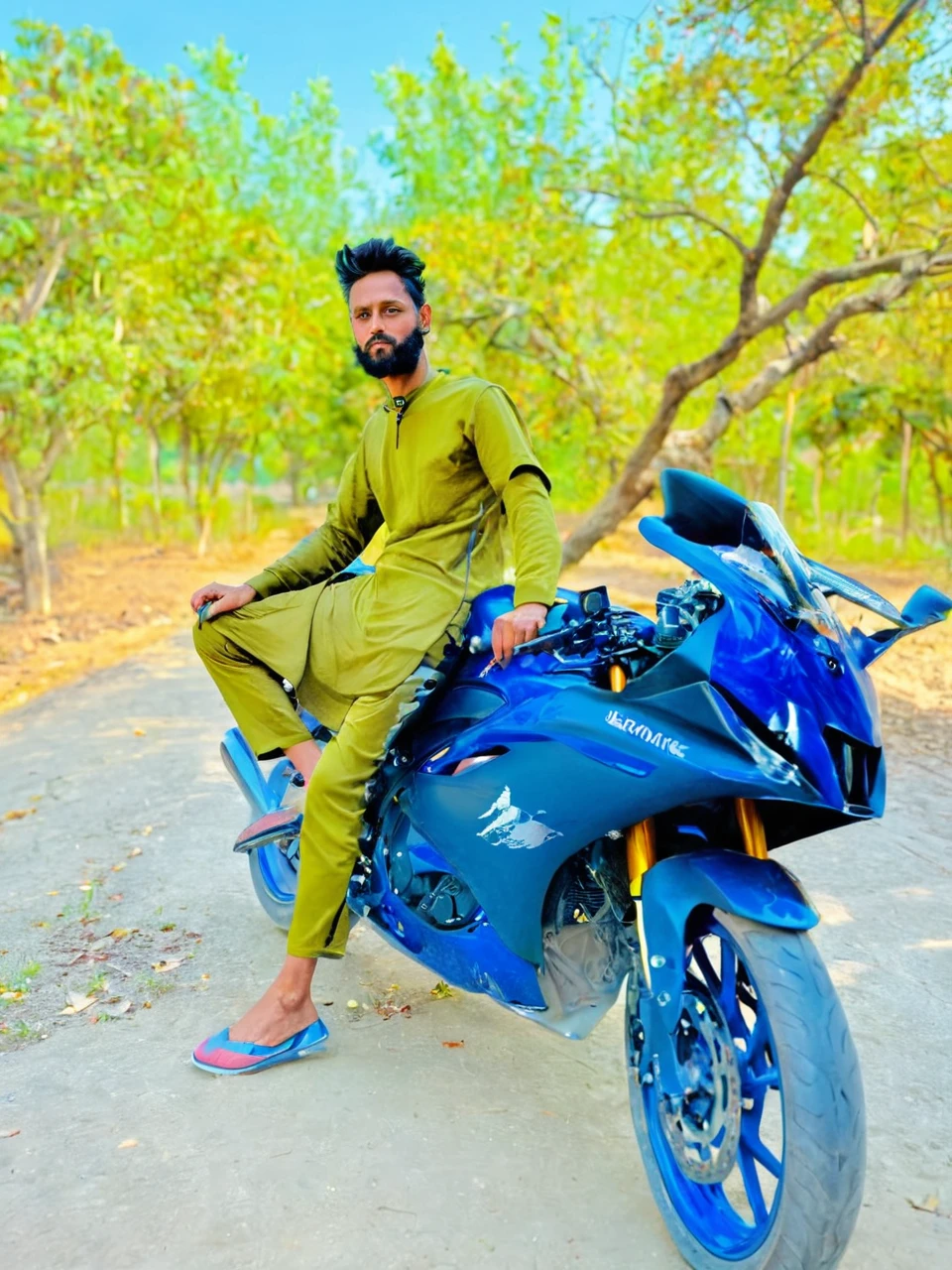 Change background. ( jeens and t shirt ) . Realistic face. ( r15 bike ). Ultra hd. Photography