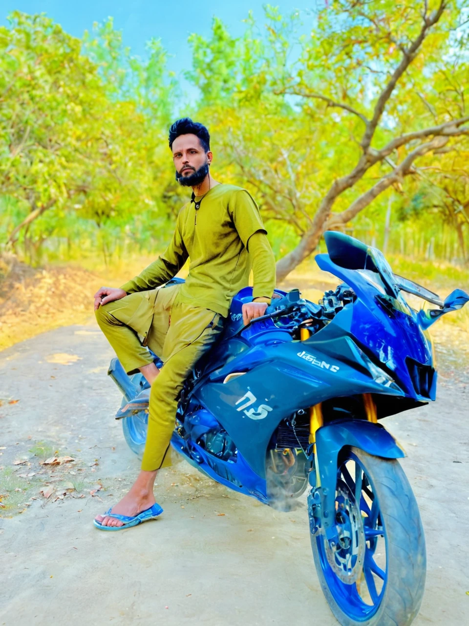 Change background. ( jeens and t shirt ) . Realistic face. ( r15 bike ). Ultra hd. Photography