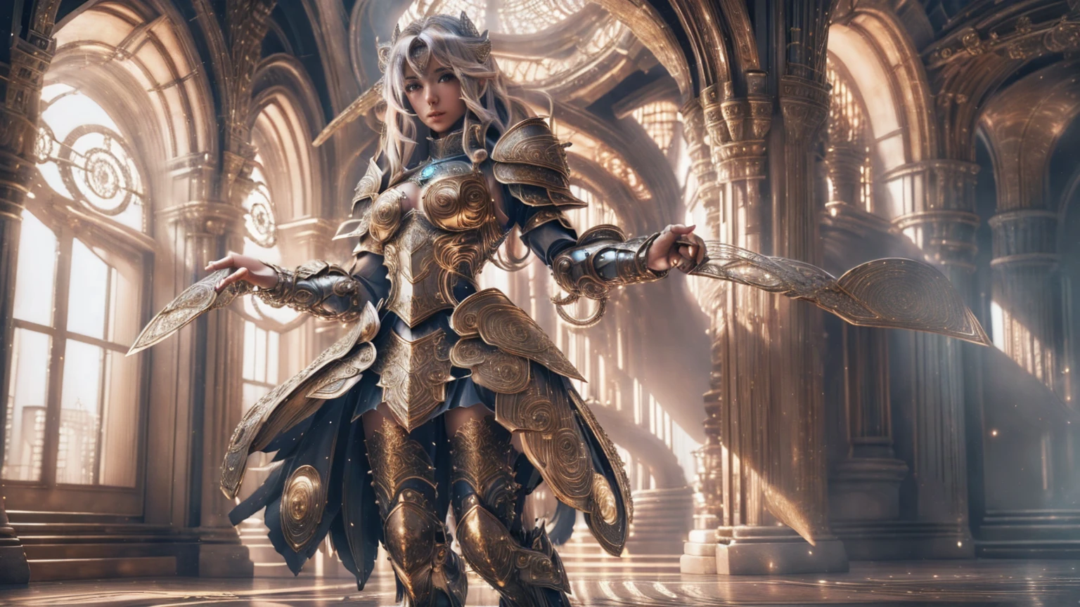highly detailed fantasy artUltra-burly body、Flying hair,highly details eye,pretty eyes,busty, Detailed beautiful face, feminine ,musculature、Intricate openwork pattern armor,Thick wild hair,Fantasy setting,Full body standing painting,dynamicposes,white backgrounid,2D character concept,character art,Character portrait,tmasterpiece,best qualtiy,Best resolution,Strong visual impact,8K, angel girl, blonde platinum long hair, (hair on knees), heterochromia, gold paladin armor, final fantasy, (cute rounded face), childish face
