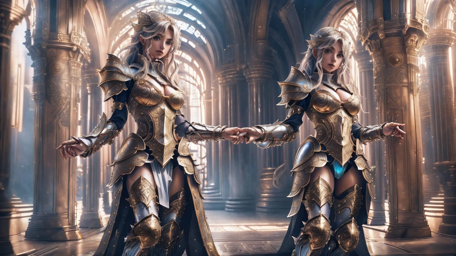 Blonde haired woman with braids, (Armadura nordica decotada dourada). Golden armor with glossy chrome black with sharp reflections. Pedras preciosas. ombros nus. (tiara). Low muscle definition. Pernas lindas. Ombros nus visiveis. Detailed lighting. artistic work. Beleza extrema. Roupa com efeito de gradiente colorido intenso. Professional image with high saturation. Camera profissional. illustration. cores vibrantes. olhos amarelos vibrantes, manto, olhos dourados brilhantes, simetria, olhar intenso, detalhes pretos nas roupas, aura dourada