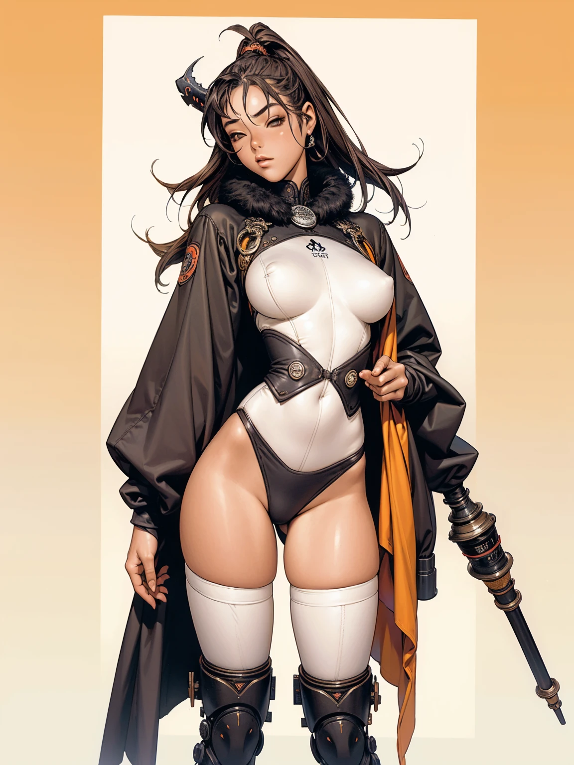(((Ebony))), (((back view))), (((perfect ass))), (((best qualityer: 1.4))), (((Afro))), (((DuneWalker))), (((post-apocalypse))), (Unbeatable masterpiece), (hiper HD),(CG 8k hyper-realistic), (((breasts big))), (((hyper feminine))), sensuous girl, (bob hair with straight bangs), ((( sculptural body ))), (((1 girl))), 20 year anime girl with perfect body, Beautiful and well-groomed face, slanted eyes, muscular body:1.2, costume with textured details in pixel art, (Head to thigh photos),modern samurai pants, Complex equipment, rot, cerulean, yellow, orange, Violette, long pants,Tight, dark clothes,With white stars and white stripes, Metal parts in armor, afro girl, (((standing alone))), pirralha violent, ((())), sensuous, pose de atitude, work of art, post-apocalypse, (((manga style))), Bounty Hunter, violent, Manic, the way you want, slenderbody, thin but strong, perfectbody, roupa moderna, Advanced technology, short shorts with checkered pattern in red and black, fur collar jacket, sleeves with vertical striped pattern, neutral background