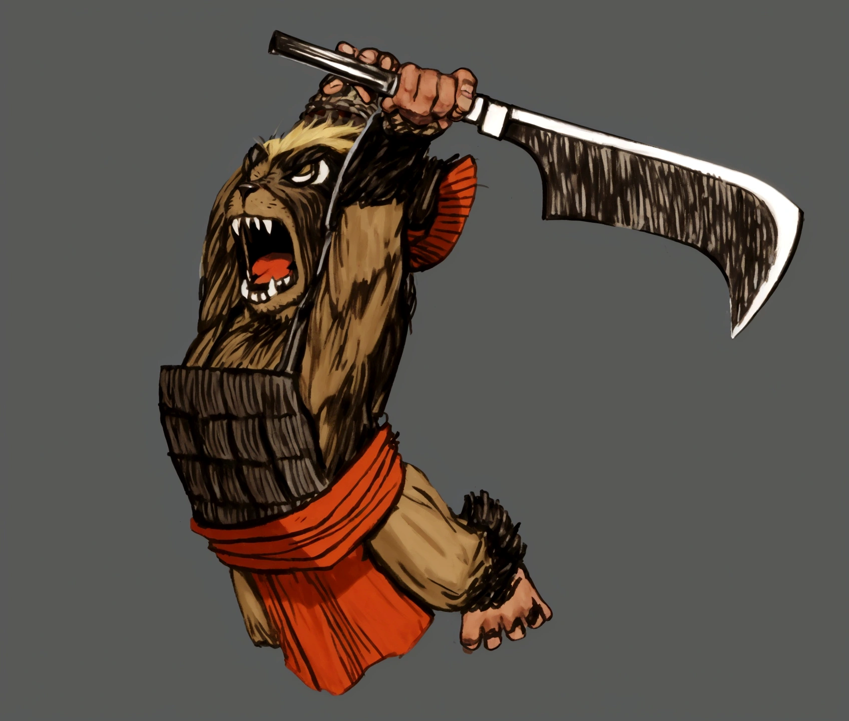hairy creature, holding african machete, bouncing, gaping mouth, gremilin, japanese armor, pano na belt