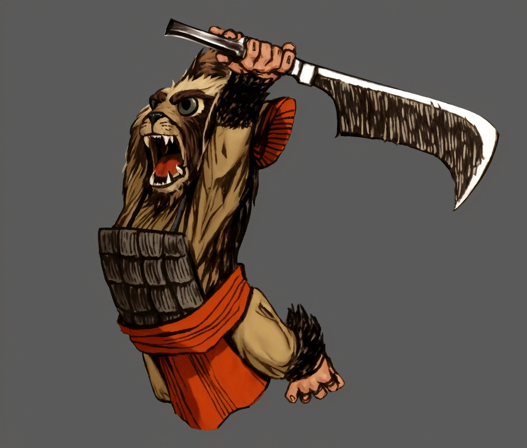 hairy creature, holding african machete, bouncing, gaping mouth, gremilin, japanese armor, pano na belt