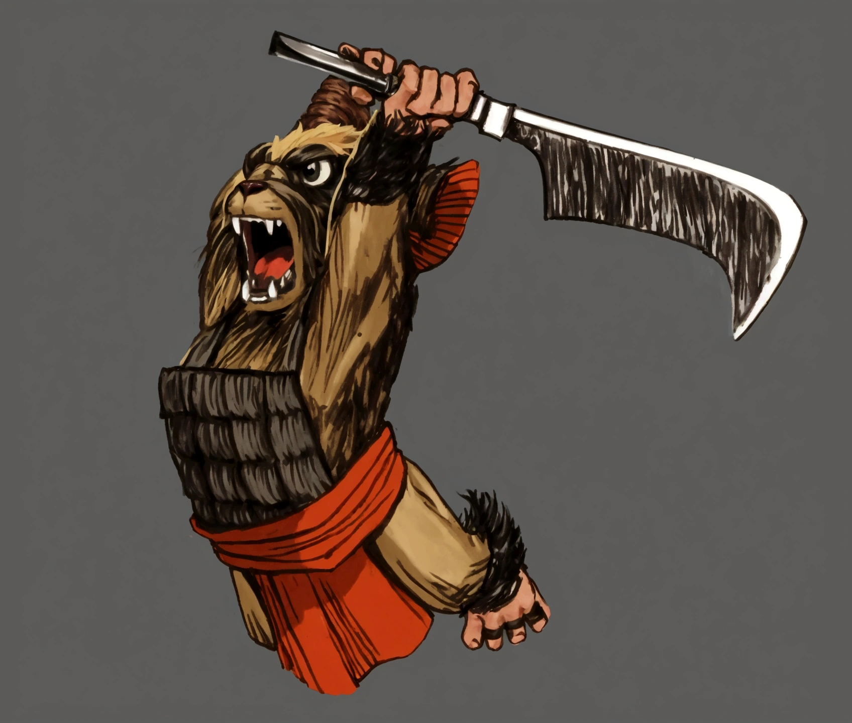hairy creature, holding african machete, bouncing, gaping mouth, gremilin, japanese armor, pano na belt 