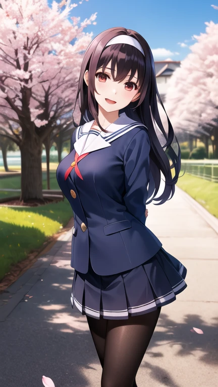 masterpiece, best quality, highres, aautaha, long hair, black hair, hairband, , sailor collar, blue blazer, long sleeves, pleated skirt, blue skirt, black pantyhose, arms behind back, cherry blossoms, outdoors, standing, cowboy shot, smile, open mouth, leaning forward,