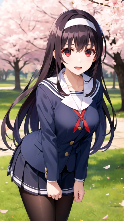 masterpiece, best quality, highres, aautaha, long hair, black hair, hairband, , sailor collar, blue blazer, long sleeves, pleated skirt, blue skirt, black pantyhose, arms behind back, cherry blossoms, outdoors, standing, cowboy shot, smile, open mouth, leaning forward,