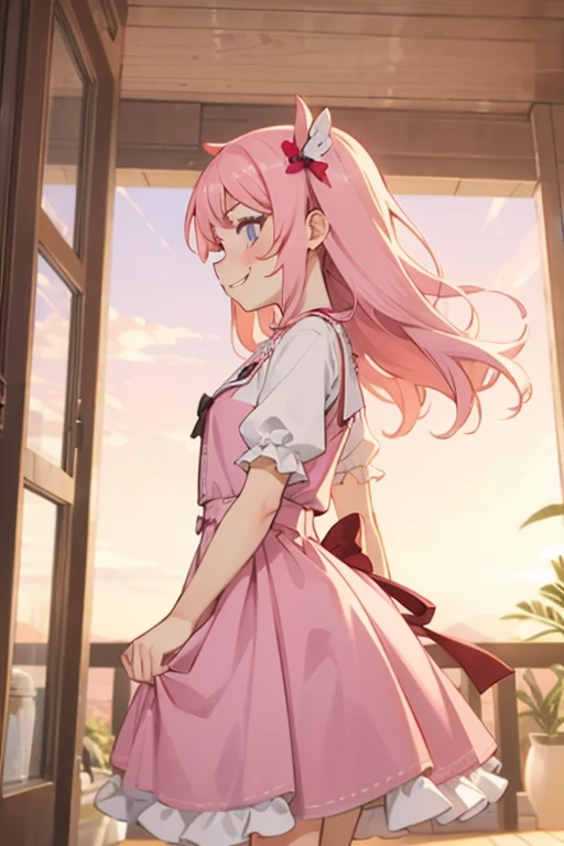 Girl with pink hair, long double-tailed hairstyle ((small pink bushy eyebrows)), dressed in lolita dress, sunset lightingwith a flirtatious smile, side view doggystyle sex, 1 boy 1 girl Doggystyle from side sex