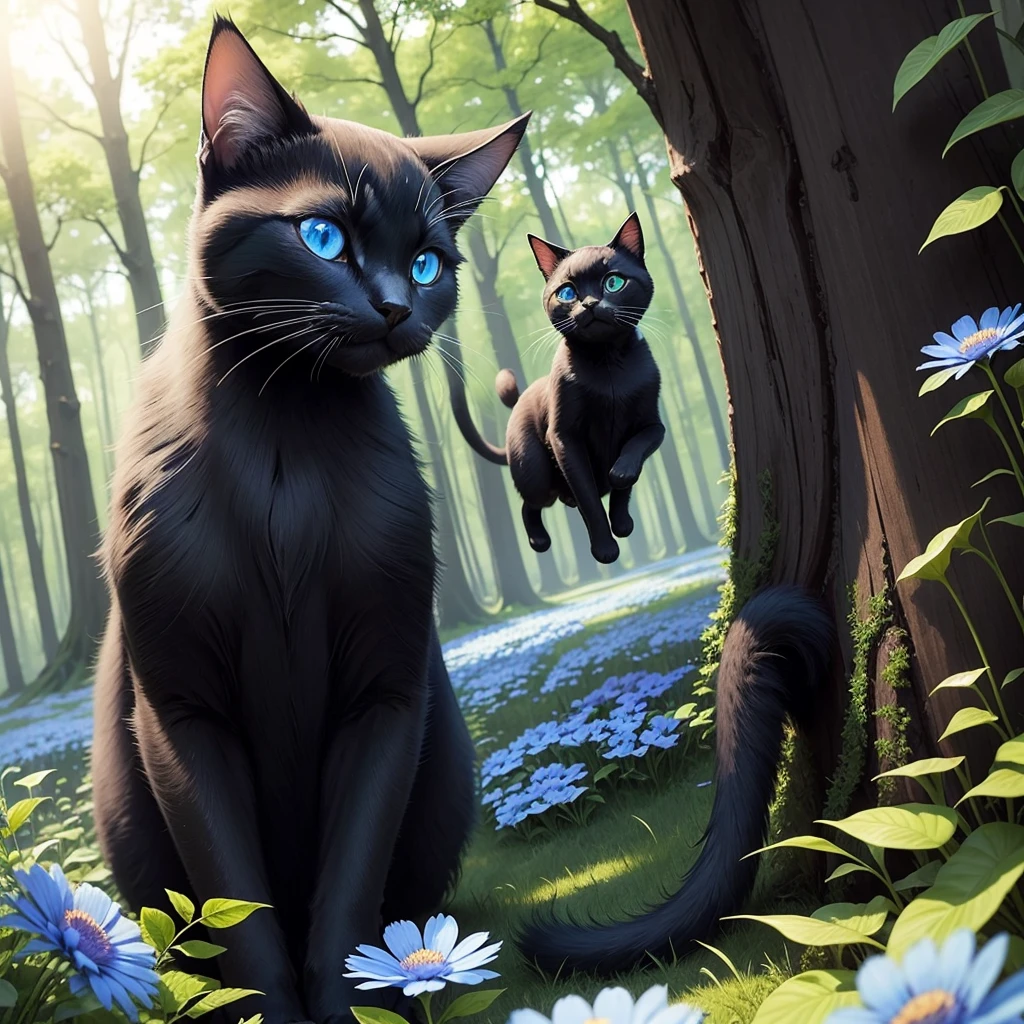 there is a black cat. The cat has blue eyes. The cat is in the forest. flowers. blue sky. the cat chases butterflies