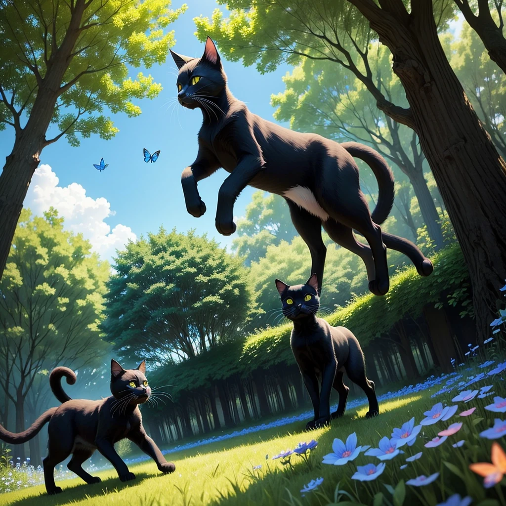 there is a black cat. The cat has blue eyes. The cat is in the forest. flowers. blue sky. the cat chases butterflies