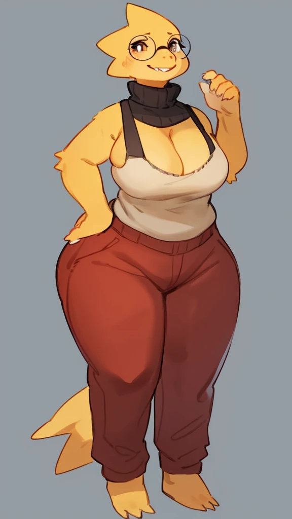 By bebebebebe, by lostgoose, by goonie-san, solo, standing, female,alphys, tan skin, dark tan, dark brown eyes, glasses, turtleneck, red pants, cleavage, curvy,bbw,big booty