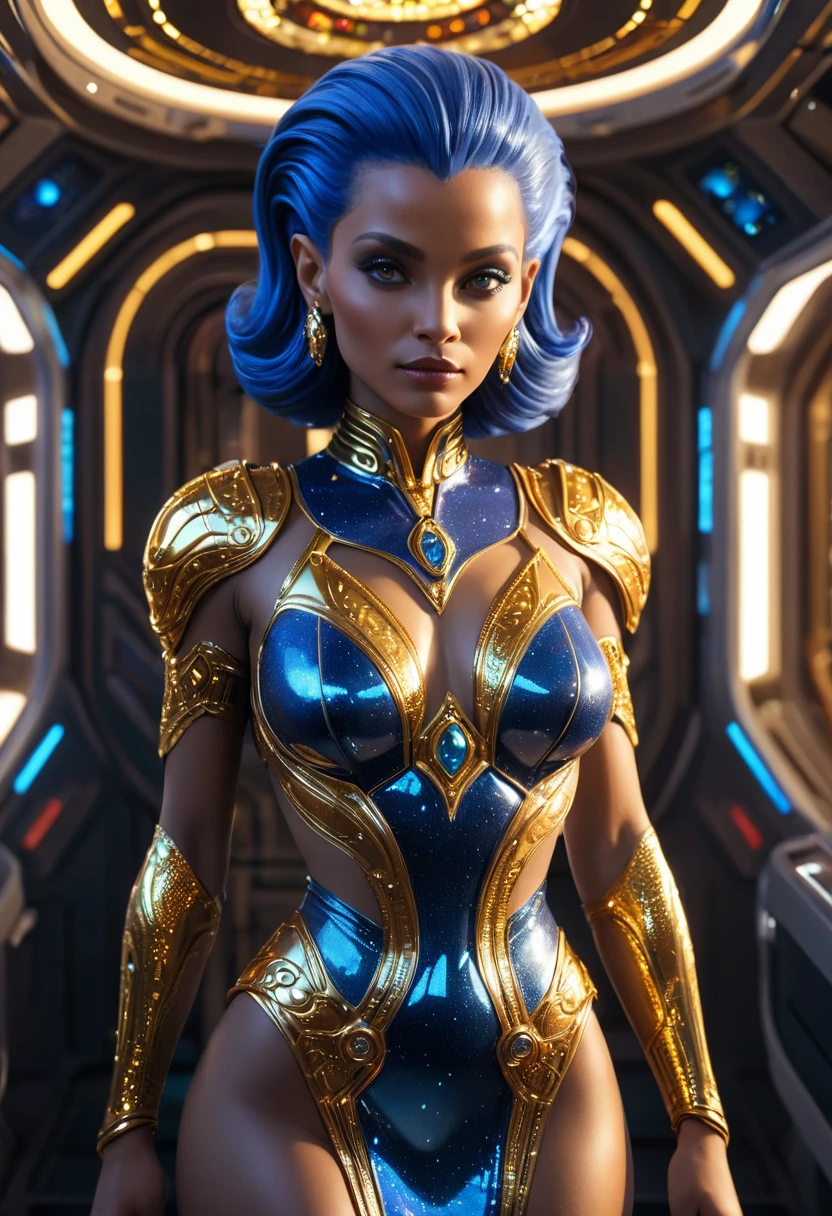(whole body), extraterrestrial alien female similar to the mix of mystique y naytiri, dressed in a short evening dress, set with shining gold, precious colored stones and diamonds, (It is located in the space station control center),Intricate details of the high quality machine), cinematic style, absolute sharpness, 8k image.(Masterpiece).wallpapers, ultra detailed.