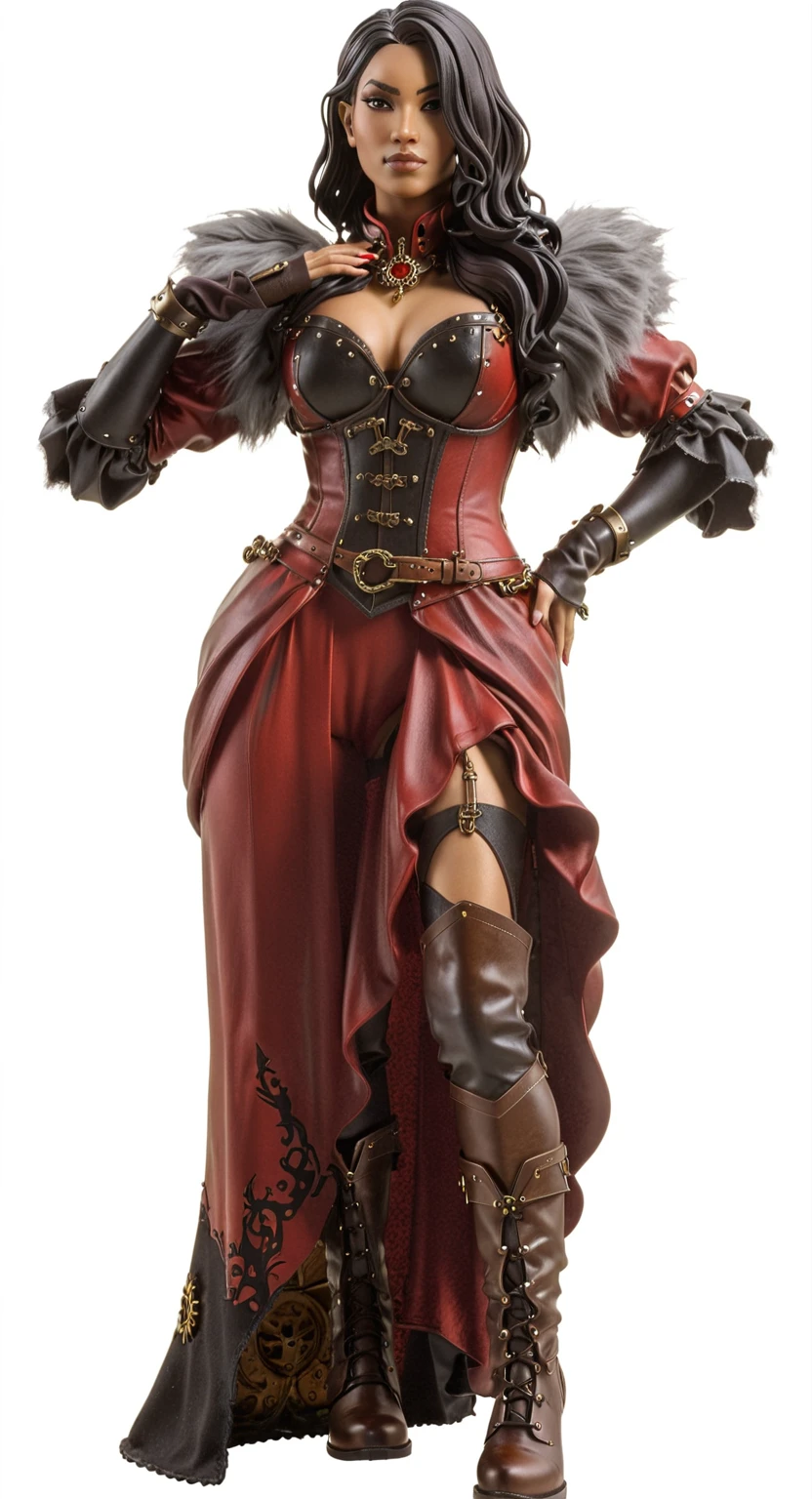 a woman in a red dress and brown boots is posing, lady in red armor, black witch full body pose, rendering of mirabel madrigal, full view of the black sorceress, mulher pyromancer steampunk do mal, resine figure, steampunk chandra queen of fire, pvc figurine, castlevania witch, full body female, ( highly detailed figure ), cranberry statue