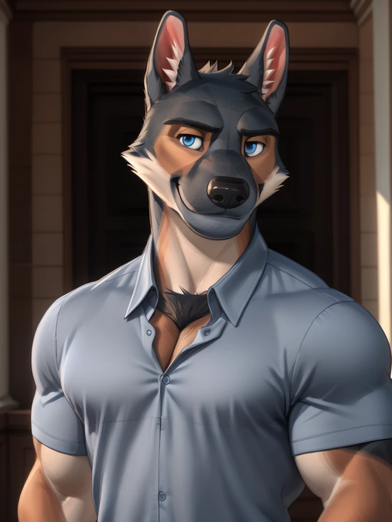 barlitz, blue eyes, black fur, muscular male, (pose:1.3), (soft shading), 4k, hi res, ((detailed face, detailed)), by zackarry911, by zaush, (by personalami:0.5), portrait, upper body, face focus, smile, looking at viewer, shirt,