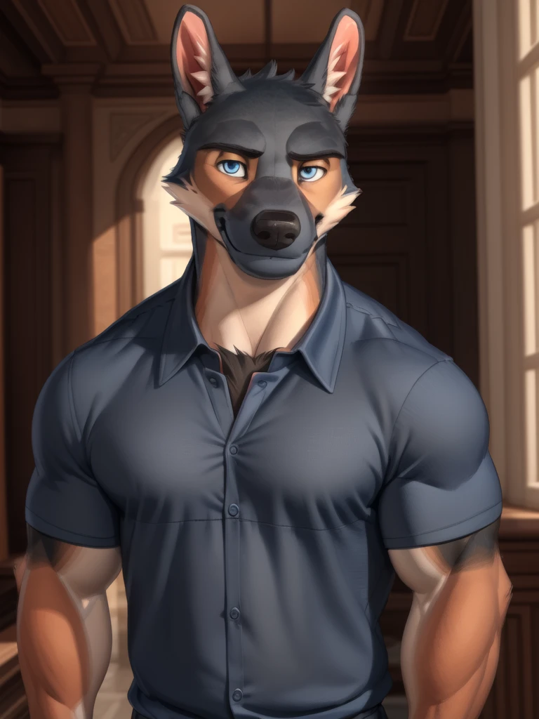 barlitz, blue eyes, black fur, muscular male, (pose:1.3), (soft shading), 4k, hi res, ((detailed face, detailed)), by zackarry911, by zaush, (by personalami:0.5), portrait, upper body, face focus, smile, looking at viewer, shirt,