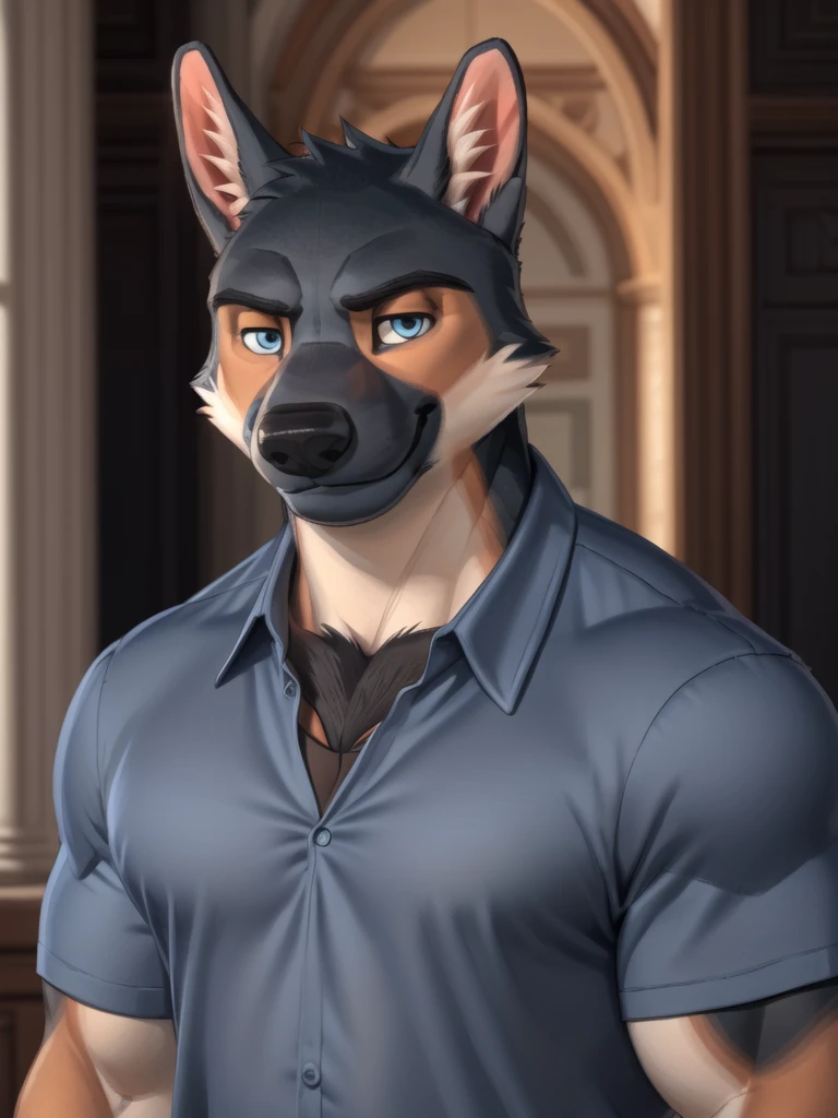 barlitz, blue eyes, black fur, muscular male, (pose:1.3), (soft shading), 4k, hi res, ((detailed face, detailed)), by zackarry911, by zaush, (by personalami:0.5), portrait, upper body, face focus, smile, looking at viewer, shirt,