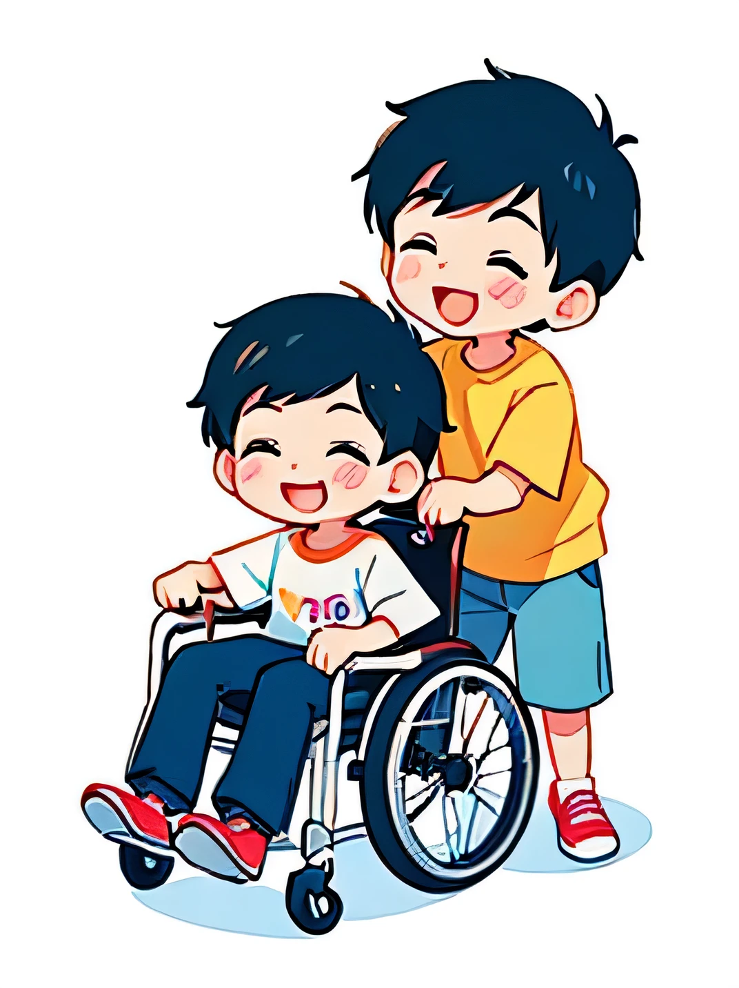 modern illustration of a with a happy face pushing a wheelchair with a boy with a happy face