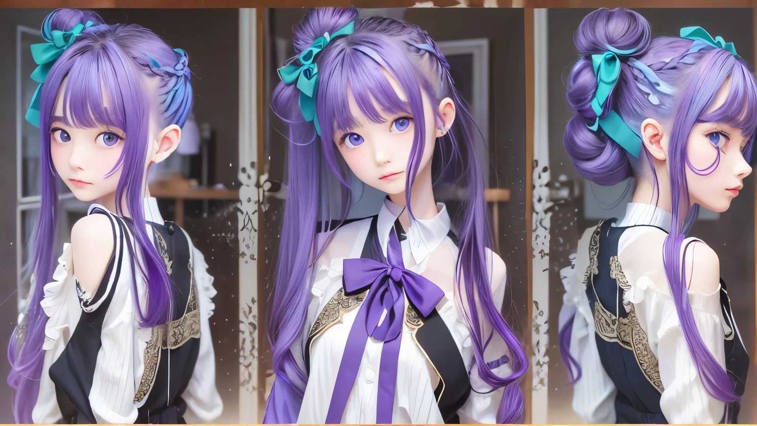 ((Hair color is purple : 1.3)), Her hairstyle is a bun(Chignon)A very large ribbon is tied to。When you remove the ribbon, your hair is long.。
With piercing eyes、The pupils may be dilated。
Tall and stylish、Being beautiful is admired by the same sex.、Even my grandpa is in love with me.。