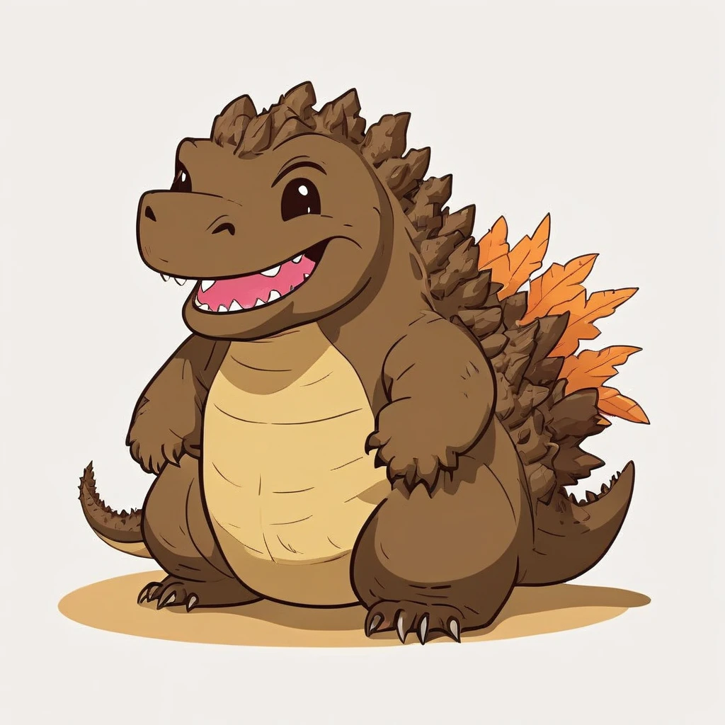 cute Godzilla smiling, vibrant colors in brown tones, side view, simple cartoon, flat color cartoon illustration, simple and minimalist design, isolated on a white background,