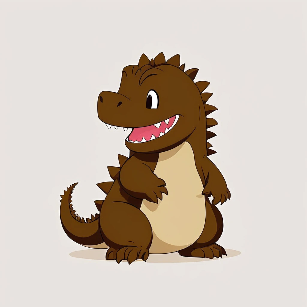 cute Godzilla smiling, vibrant colors in brown tones, side view, simple cartoon, flat color cartoon illustration, simple and minimalist design, isolated on a white background,