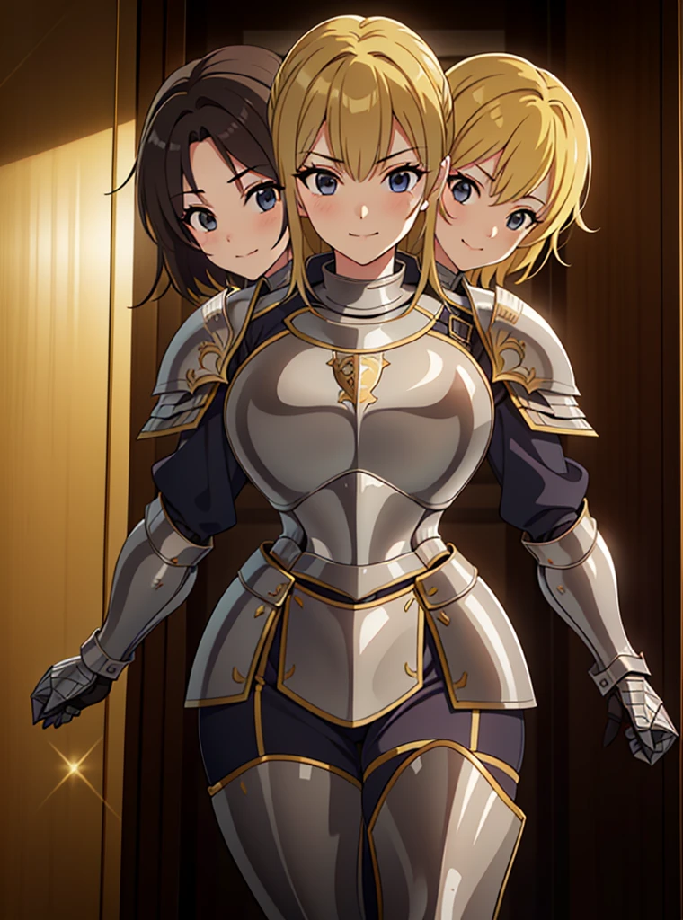 (masterpiece),(ultra-detailed), (high quality), (high resolution), (best quality:1.5, highres, UHD), highres, absurdo, ultra detail, ultra quality, (3heads:1.5), 1girl, ((golden blonde hair)), thighs, (gray armor), female warrior, (fully armored), medium hair, (medieval outfit), (black eyes), armored chest piece, gorgeous female knight, Guild Clothes with Armor, Fantasyart:1.5, (1 Female Knight:1.5), Detailed and detailed depiction armor, (seductive smirk), detailed eyes