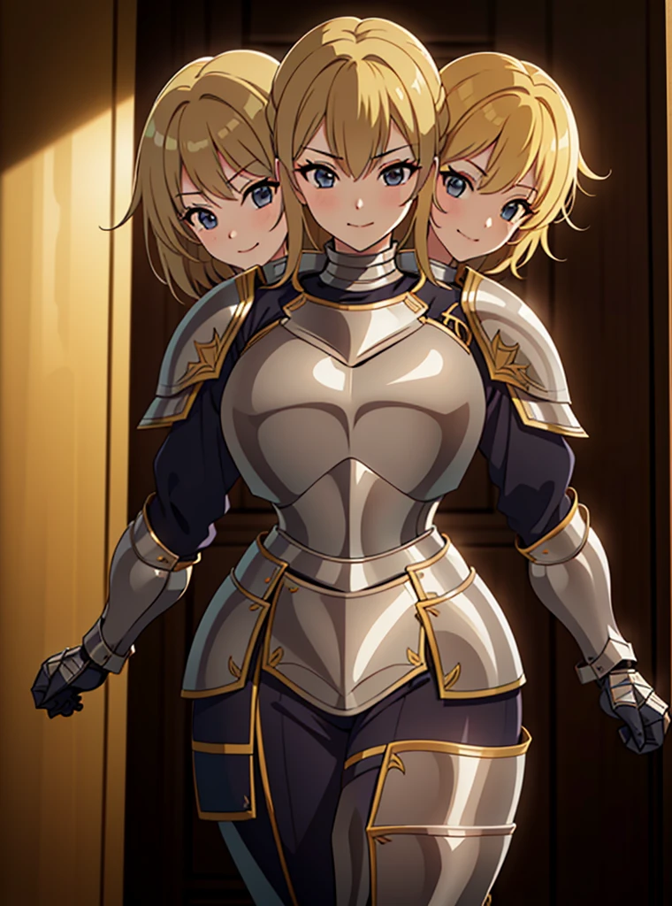 (masterpiece),(ultra-detailed), (high quality), (high resolution), (best quality:1.5, highres, UHD), highres, absurdo, ultra detail, ultra quality, (3heads:1.5), 1girl, ((golden blonde hair)), thighs, (gray armor), female warrior, (fully armored), medium hair, (medieval outfit), (black eyes), armored chest piece, gorgeous female knight, Guild Clothes with Armor, Fantasyart:1.5, (1 Female Knight:1.5), Detailed and detailed depiction armor, (seductive smirk), detailed eyes