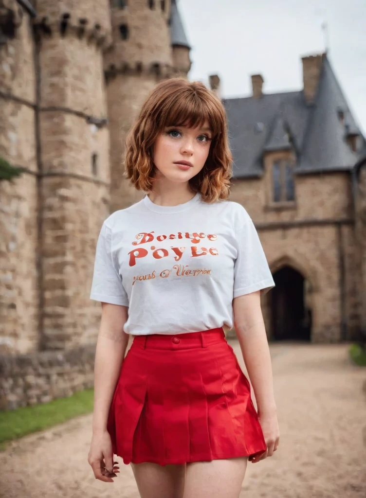 (Maisie Peters), (Master Shot), (castle background), bokeh Gels Filter effect, soft natural lighting, Fantasy, (girl) looking away, disdain expression, chewing, Layered Haircut hair, caramel hair colour, calloused body type, crossing arms, Sarcoline vermilion, Vintage band t-shirt, Mini Skirt, Socks, Engaging in coding or programming challenges, freckles, 