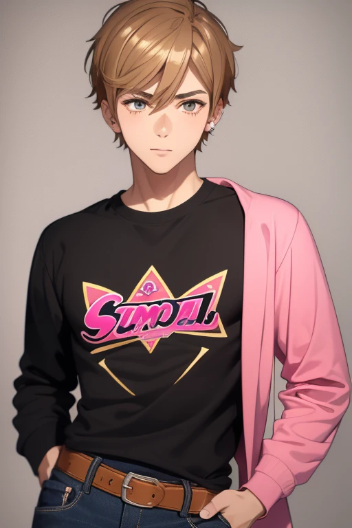 Gumball Handsome 18 year old boy with blonde brown hair, with a pink streak, light skin, pierced ears, honey brown eyes, open pink sweatshirt, black shirt with a candy castle print, black belt, red jeans, looking directly at the viewer on a white background.