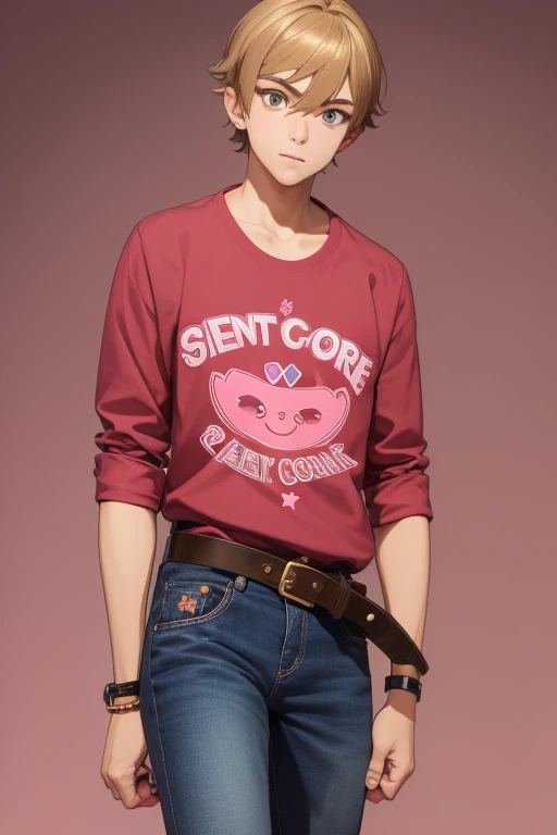 Gumball Handsome 18 year old boy with blonde brown hair, with a pink streak, light skin, pierced ears, honey brown eyes, open pink sweatshirt, black shirt with a candy castle print, black belt, red jeans, looking directly at the viewer on a white background.